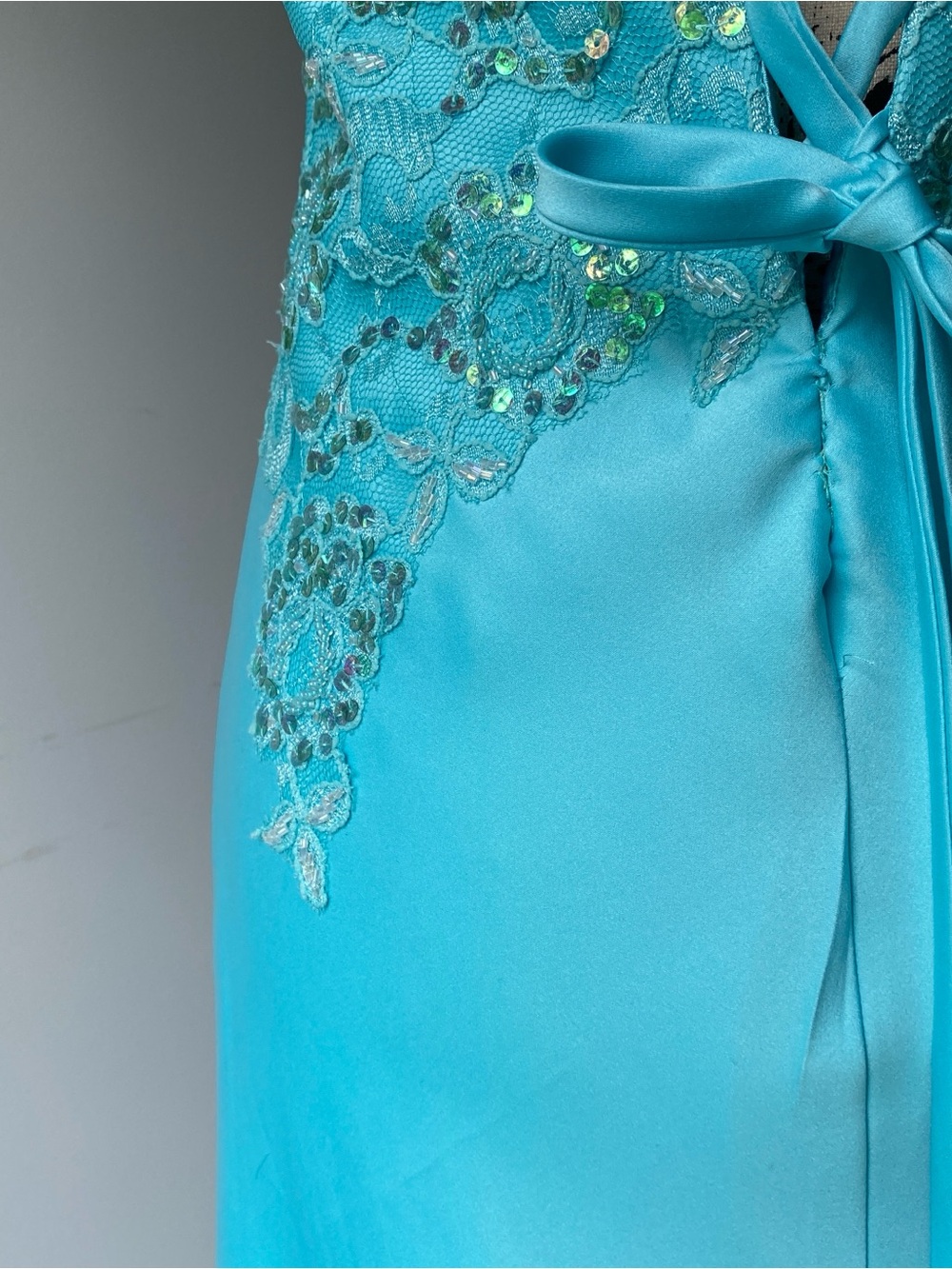 Vintage Y2k 90s Aqua Beaded Fairy Halter Prom Dress - sz 10 - Picture 7 of 15
